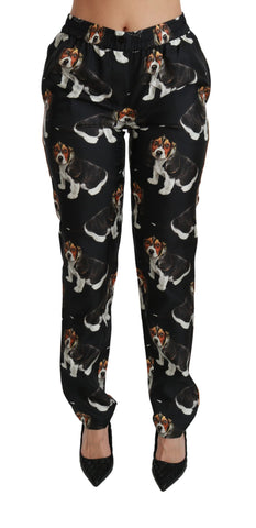 Black Puppy Dog Mid Waist Skinny Silk Pants Dolce & Gabbana
