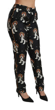 Black Puppy Dog Mid Waist Skinny Silk Pants Dolce & Gabbana