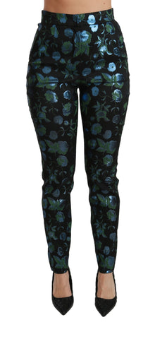 Blue Green Floral Metallic Slim Pants Dolce & Gabbana
