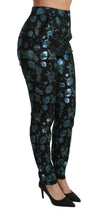 Blue Green Floral Metallic Slim Pants Dolce & Gabbana