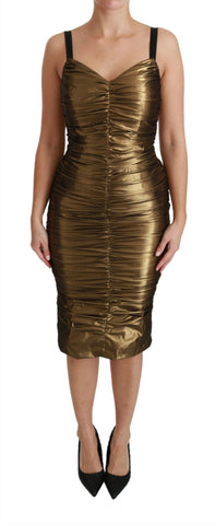 Gold Metallic Stretch Bodycon Ruched Dress Dolce & Gabbana