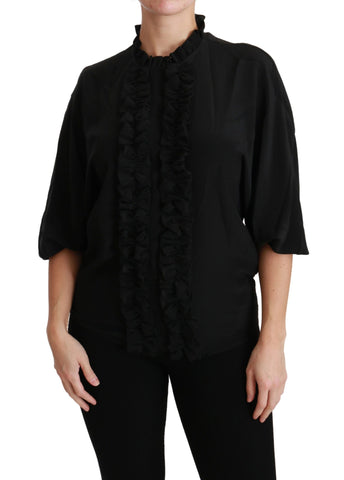 Black Silk Shirt Ruffled Top Blouse Dolce & Gabbana