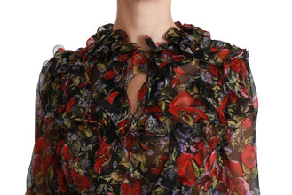 Black Floral Roses Blouse Silk Top Dolce & Gabbana