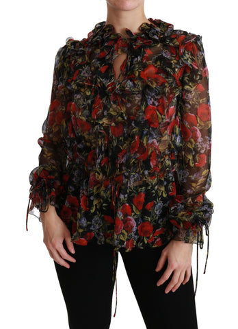 Black Floral Roses Blouse Silk Top Dolce & Gabbana