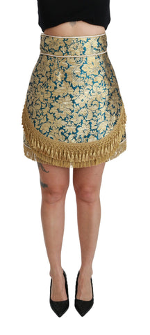 Blue High Waist Jacquard Tassel Gold Skirt Dolce & Gabbana
