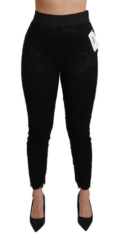 Black Lace Skinny High Waist Cotton Pants Dolce & Gabbana