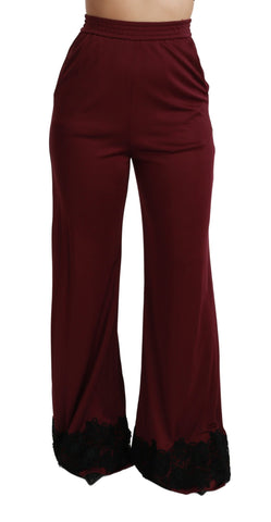 Black Lace High Waist Wide Leg Maroon  Pants Dolce & Gabbana