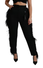 Black Feather Straight High Waist Wool Pants Dolce & Gabbana
