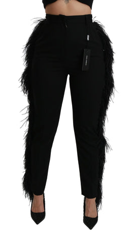 Black Feather Straight High Waist Wool Pants Dolce & Gabbana