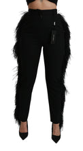 Black Feather Straight High Waist Wool Pants Dolce & Gabbana
