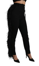 Black Feather Straight High Waist Wool Pants Dolce & Gabbana