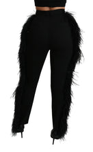Black Feather Straight High Waist Wool Pants Dolce & Gabbana