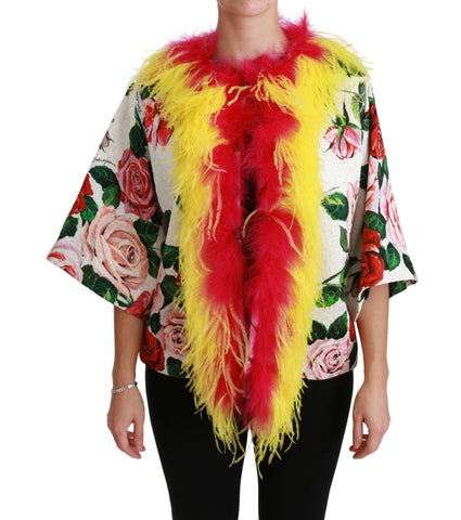 White Floral Coat Capte Fur Roses Jacket Dolce & Gabbana