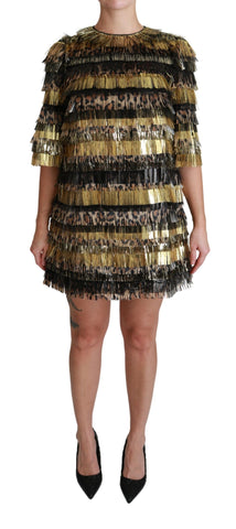 Polyester Black Gold Leopard Shift Mini Dress Dolce & Gabbana