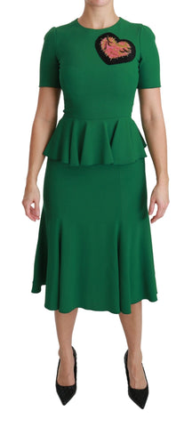 Green Heart Patch Mermaid Midi Viscose Dress Dolce & Gabbana