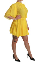 Yellow Pleated A-line Mini 100% Silk Dress Dolce & Gabbana