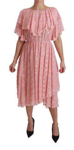 Silk Pink Polka Dots Pleated A-line Midi Dress Dolce & Gabbana
