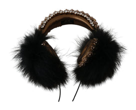 Gold Black Crystal Fur Headset Audio Headphones Dolce & Gabbana