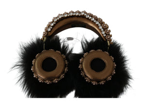Gold Black Crystal Fur Headset Audio Headphones Dolce & Gabbana