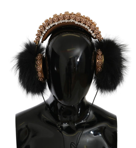 Gold Black Crystal Fur Headset Audio Headphones Dolce & Gabbana