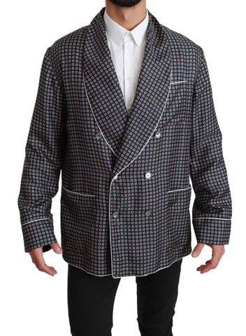 Navy Blue Patterned Double Breasted Coat Jacket Dolce & Gabbana