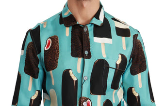 Blue Silk Ice Cream Print Casual Shirt Dolce & Gabbana