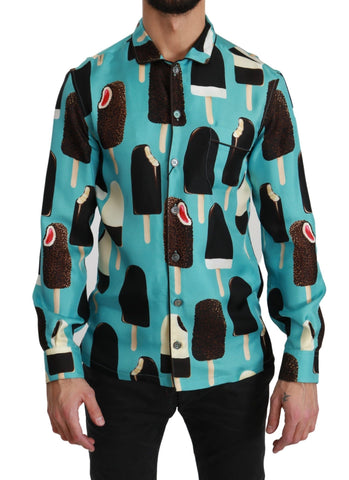 Blue Silk Ice Cream Print Casual Shirt Dolce & Gabbana
