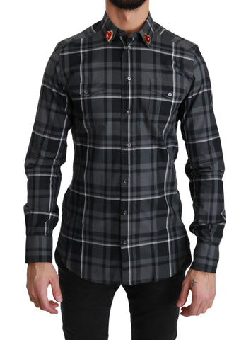 Gray Checkered Heart Collar MARTINI Shirt Dolce & Gabbana