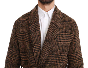 Brown Checkered Wool Robe Coat  Wrap Jacket Dolce & Gabbana
