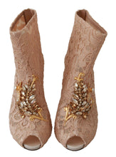 Pink Crystal Lace Booties Stilettos Shoes Dolce & Gabbana