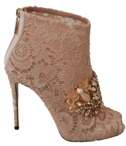 Pink Crystal Lace Booties Stilettos Shoes Dolce & Gabbana
