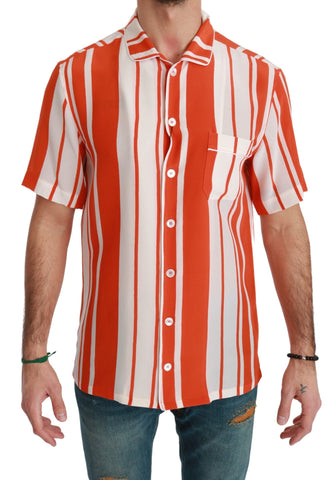 Orange Silk Striped Short Sleeve White Shirt Dolce & Gabbana