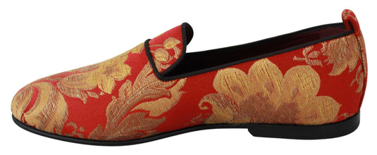 Red Gold Brocade Slippers Loafers Shoes Dolce & Gabbana