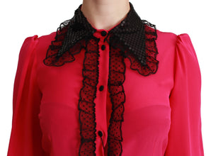 Pink Silk Black Sequin Lace Shirt Blouse Dolce & Gabbana
