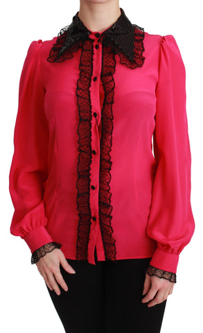 Pink Silk Black Sequin Lace Shirt Blouse Dolce & Gabbana