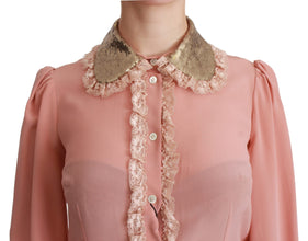 Pink Silk Gold Sequin Lace Blouse Shirt Dolce & Gabbana