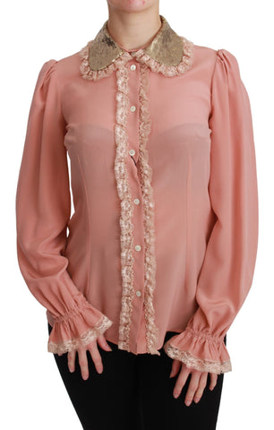 Pink Silk Gold Sequin Lace Blouse Shirt Dolce & Gabbana