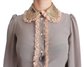 Gray Silk Gold Sequin Lace Blouse Shirt Dolce & Gabbana
