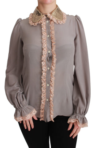 Gray Silk Gold Sequin Lace Blouse Shirt Dolce & Gabbana