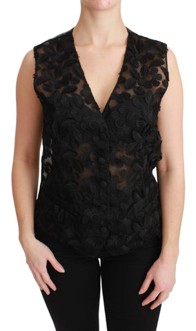 Black Floral Brocade Top Gilet Waistcoat Dolce & Gabbana