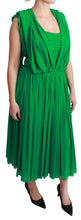 100% Silk Green Sleeveless Pleated Maxi Dress Dolce & Gabbana