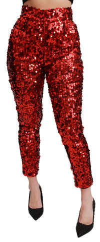 Red Sequined Cropped Trousers Pants Dolce & Gabbana