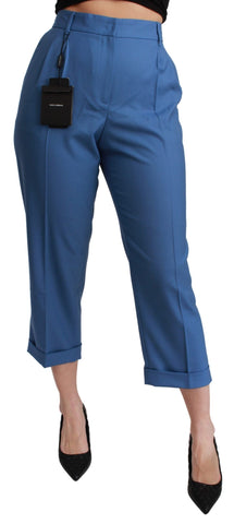 Blue Pleated Wool Cuffed Cropped Trouser Pants Dolce & Gabbana