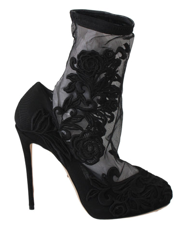 Black Roses Stilettos Booties Socks Shoes Dolce & Gabbana