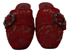 Red Lace Crystal Slide On Flats Shoes Dolce & Gabbana