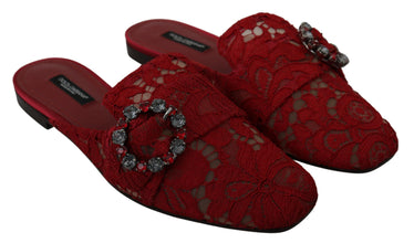 Red Lace Crystal Slide On Flats Shoes Dolce & Gabbana