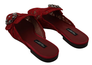 Red Lace Crystal Slide On Flats Shoes Dolce & Gabbana