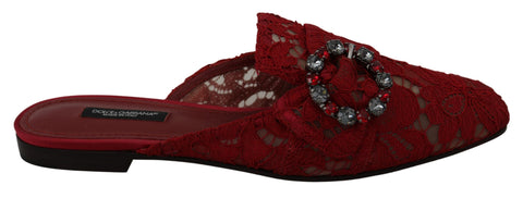 Red Lace Crystal Slide On Flats Shoes Dolce & Gabbana