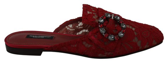Red Lace Crystal Slide On Flats Shoes Dolce & Gabbana