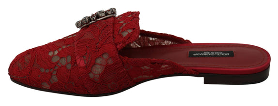 Red Lace Crystal Slide On Flats Shoes Dolce & Gabbana